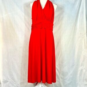 Jones New York Dress Red Halter Cocktail MIDI Ruched Waist Swing Skirt 16